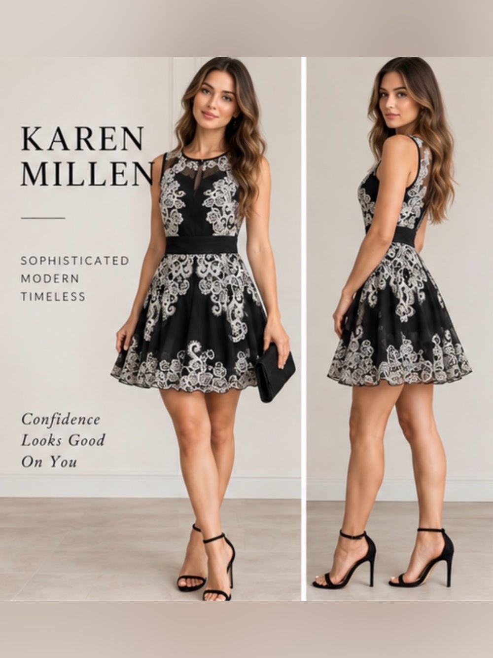 Karen Millen 100% Silk Black & Ivory Lace Print  Dress – US 6 / UK 10 / EU 38